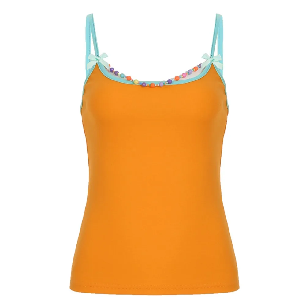 

Colorful Beading Women's Crop Tank Tops Bowknot Square Neck Cute Backless Tops Off Shoulder Streetwear