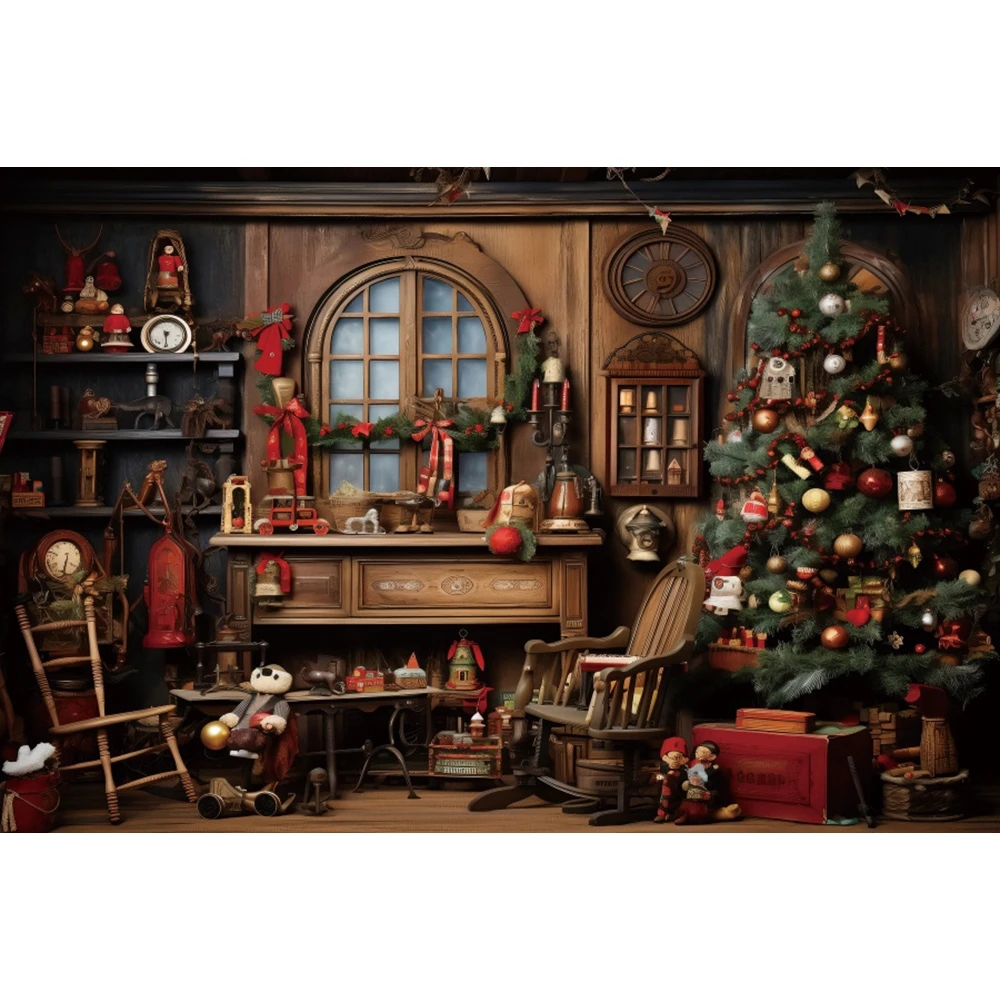 Christmas Vintage Warehouse Backdrop Xmas Tree Winter Wooden House Plank Shelf Toy Gift Family Party Photography Background Deco