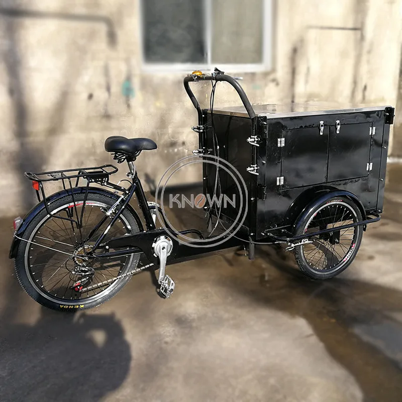 Dutch Popular Cargo Bike 3 Wheels Electric Tricycle with Wooden Stainless Steel Food Box Carriage