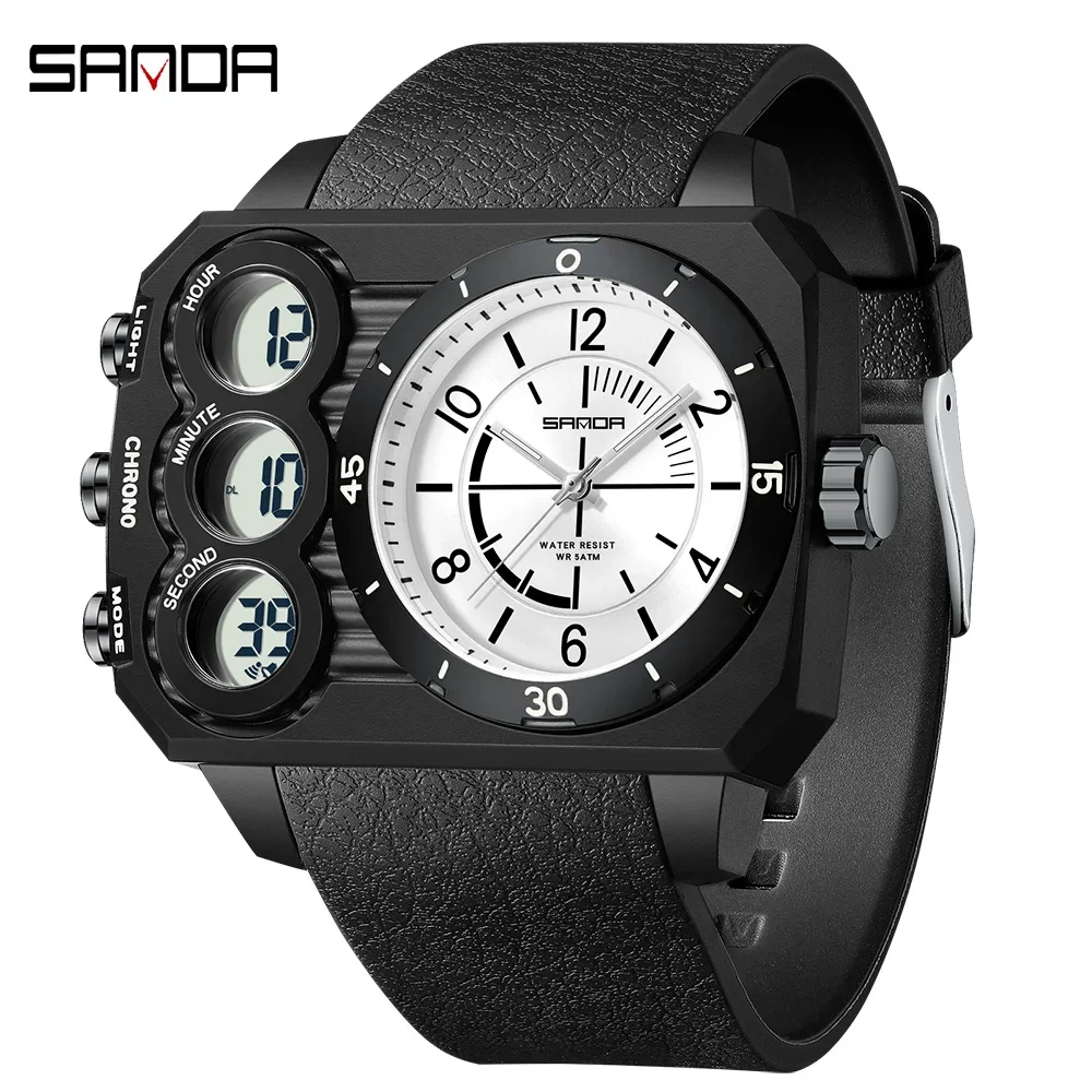 

SANDA модные мужские часы с квадратным циферблатом, цифро-аналоговые часы с двойным механизмом и календарем, светящиеся водонепроницаемые военные спортивные часы