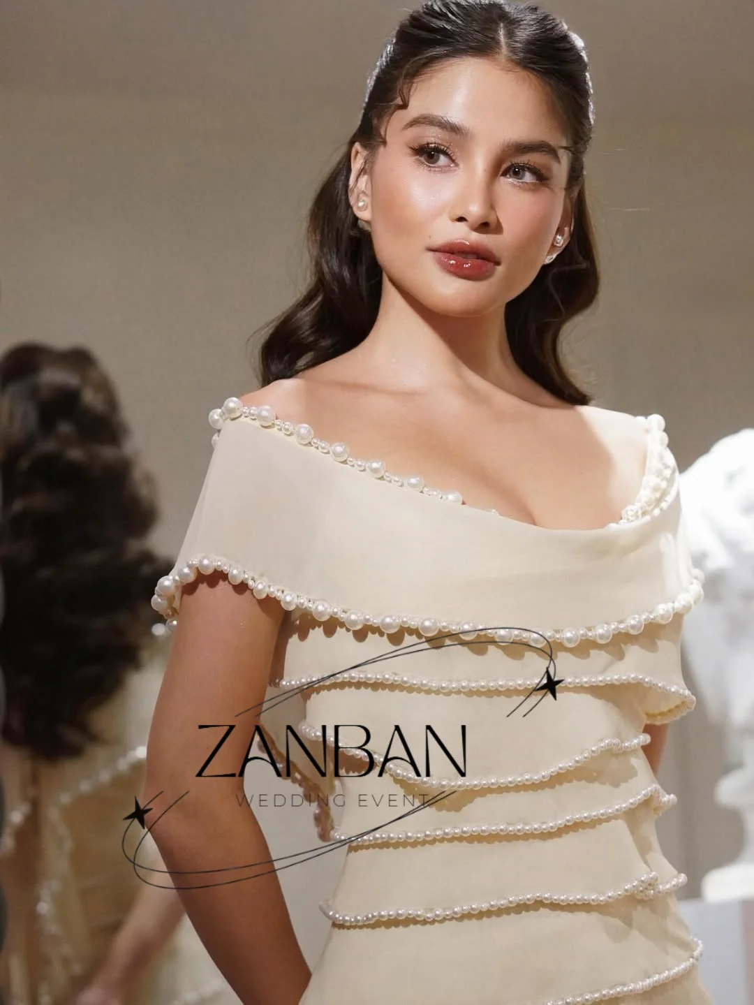 ZanBan Modern Beige Chiffon Evening Dresses Tiered Pearl Prom Gown 2026 Pleat Off Shoulder Formal Occasion Dresses Customized image 5