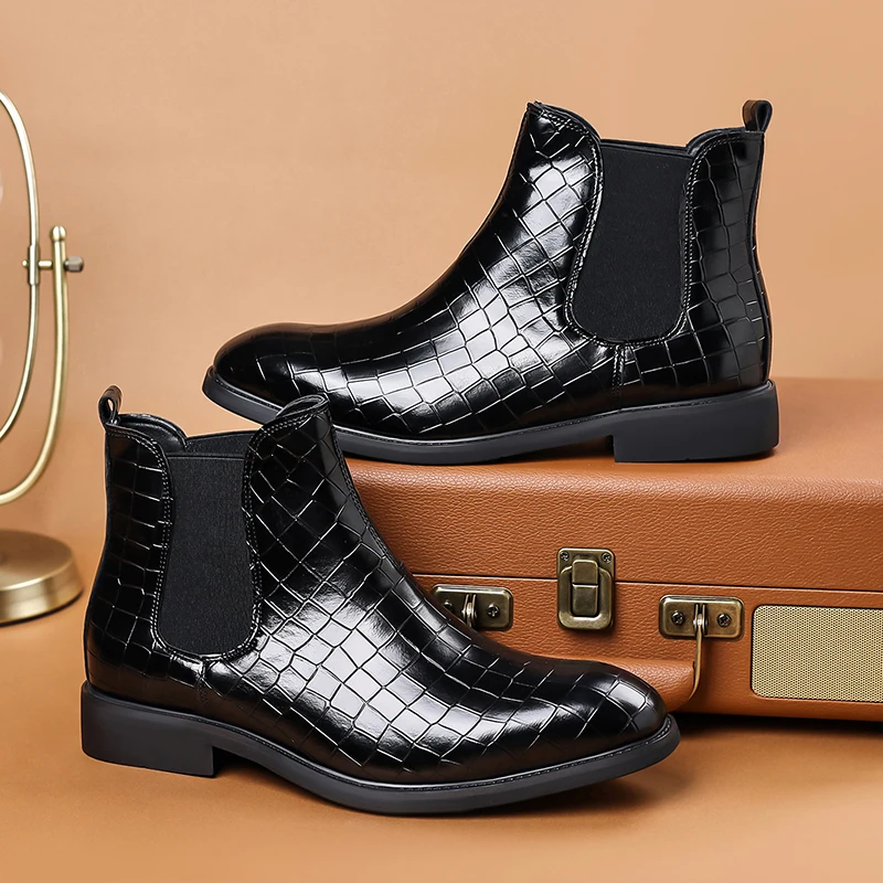 New Men Premium Glossy Croc Pattern Chelsea Boots Elastic Slip On Leather Boots Office Formal Business Casual Wedding Shoes