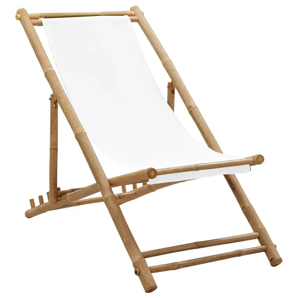 

Patio De Chair - Bamboo & Canvas Sling Chair, Adjustable Lounge For Balcony/Deck/Porch, White Canvas