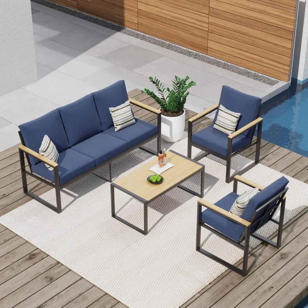 Outdoor 4-Piece Furniture Set, Modern Aluminium Terrace Conversation Sofa with Cushions, Faux Wood Grain Frame, Coffee Table