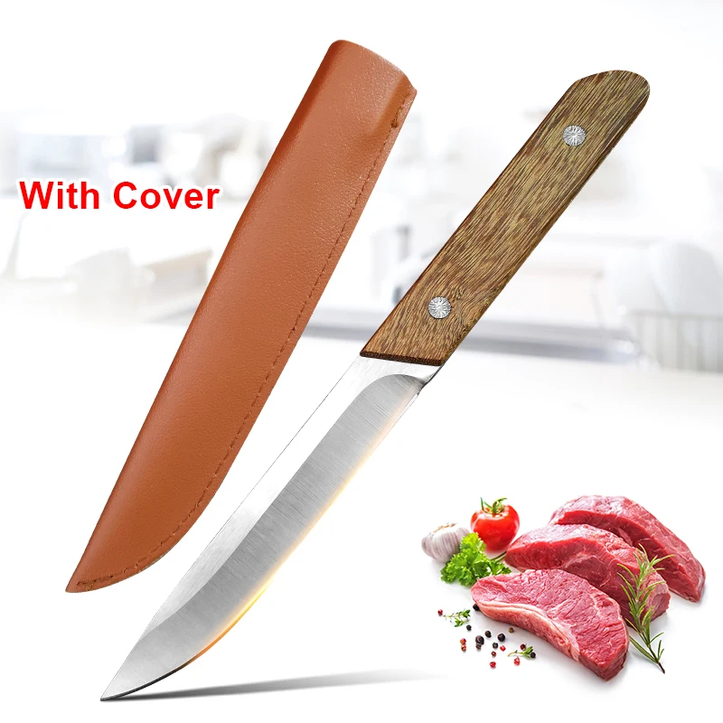 Stainless Steel Boning Knife 5Cr15 Meat Cutting Fruit Cleaver Butcher Knives Handmade Kitchen Knife with Cover Wooden Handle