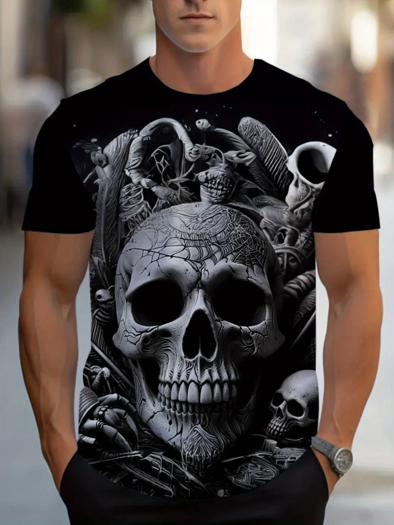 Fashion Men Black And White Tribal Skull Print T-shirt Vintage Gothic Casual Short Sleeve Tops Trend Street Man Clothes