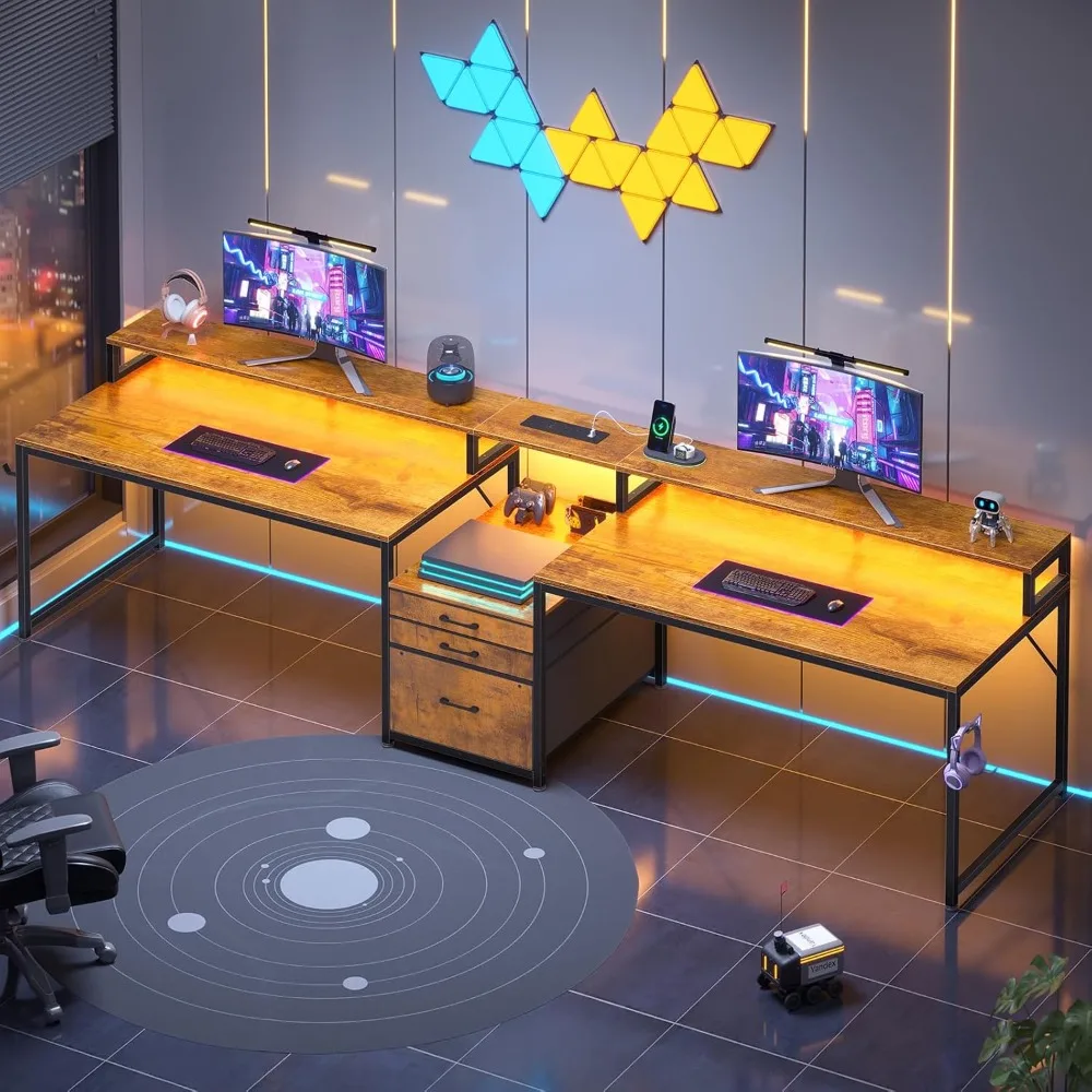 

96.5" Office Desk, 2 Person Computer Desk with 3 Fabric Drawers & Power Strip, Long Gaming Desk with LED Light & Monitor Stand