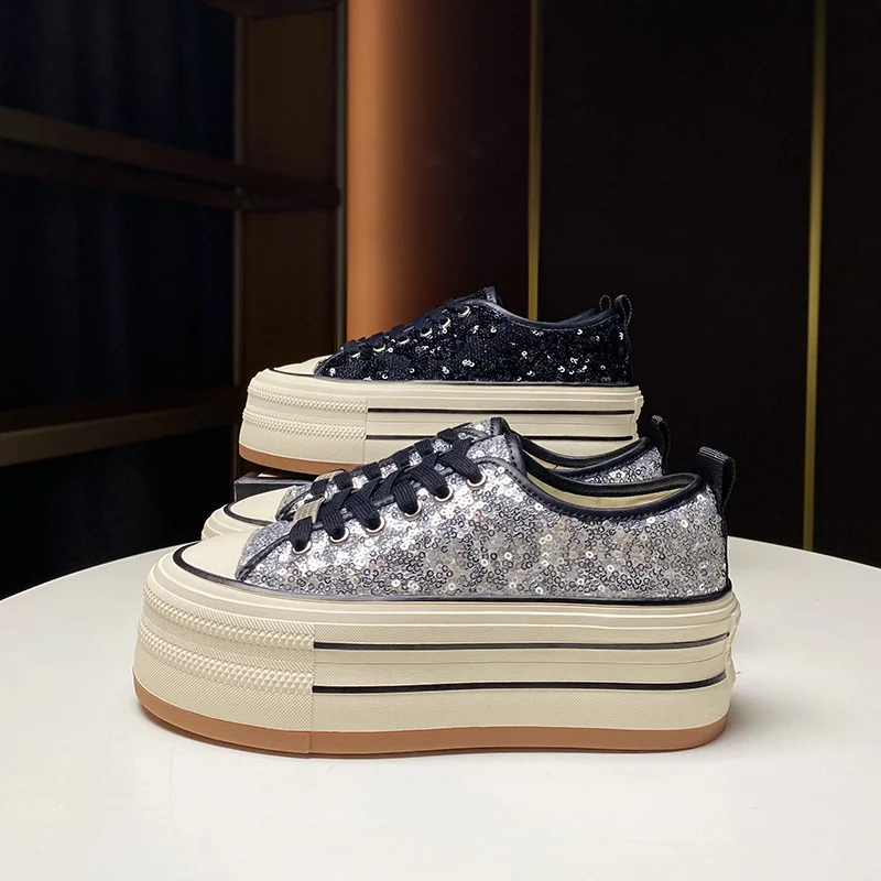 

New Women Shoes Fashion Casual Platform Flats Outdoor Sport Shoes Female Sneakers Sequined Cloth Thick Sole Height Increase