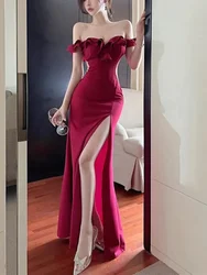 France Vintage Elegant Evening Party Dress Women Y2k Ruffled One Shoulder Strapless Midi Dress Famale Solid Korean Chic Clothes