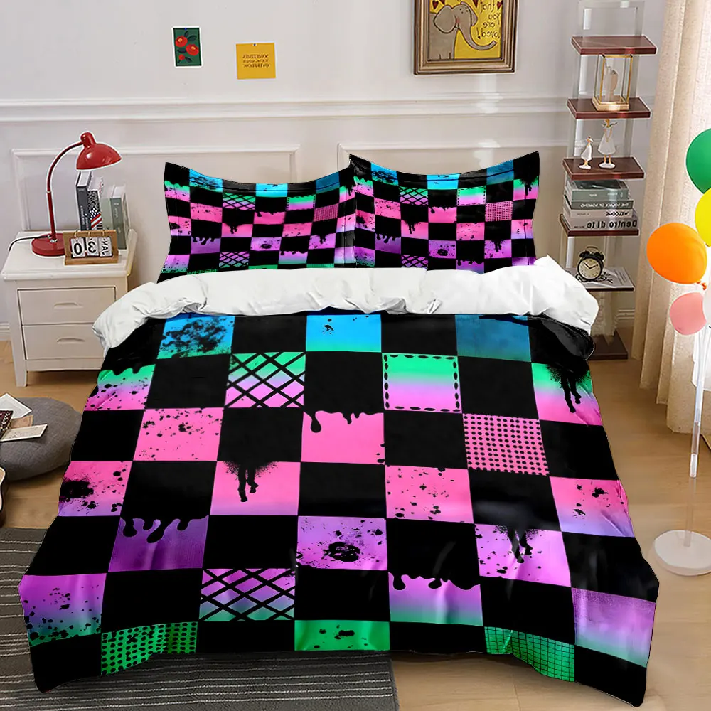 

Colorful grid patterns on black background Printed Duvet Cover Set 1 Duvet Cover+2 Pillowcase Multi Size Bedroom Bedding Decor