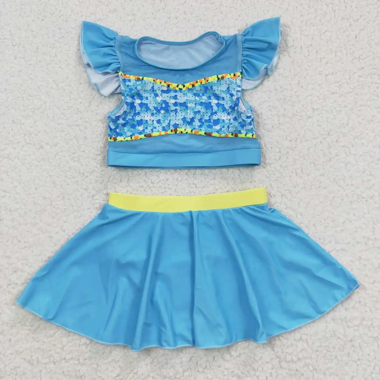 Blue Shining Yellow Decor Print Ruffle Flying Sleeve 2023 New Ruffles Swimsuits 2pcs S0148