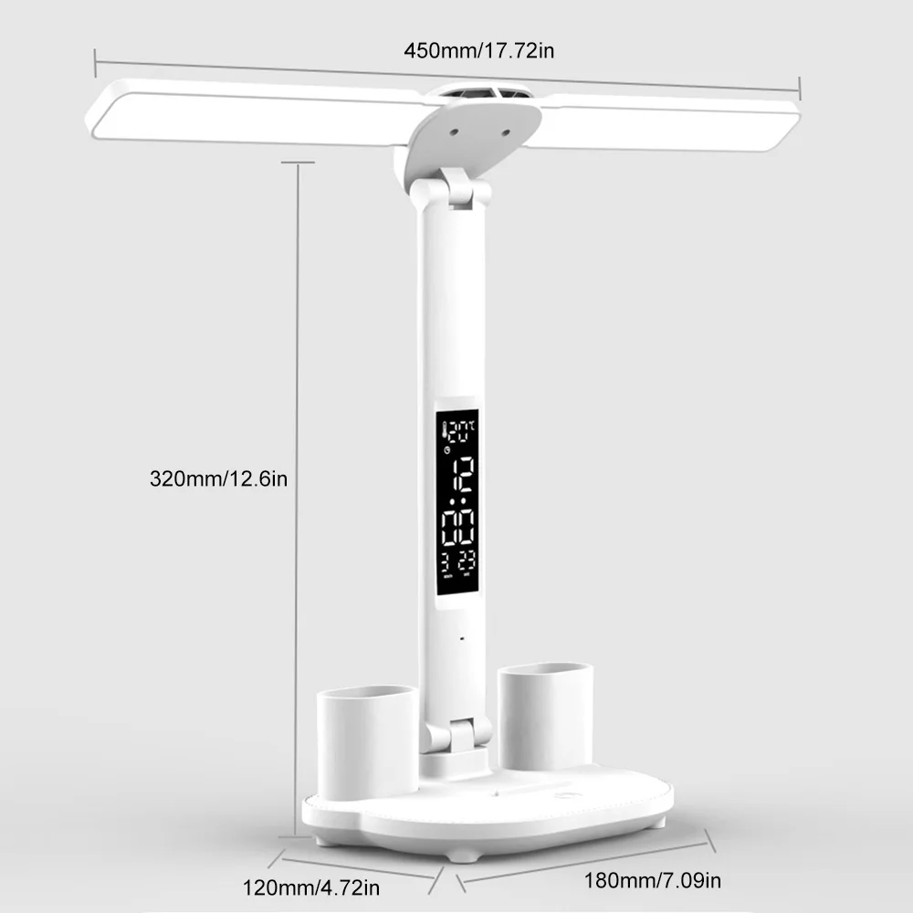 Настольная лампа с двойной головкой, USB, сенсорное ночное освещение, регулируемая яркость, защита глаз, настольная лампа с дисплеем, отображением температуры и времени, с держателем для ручки