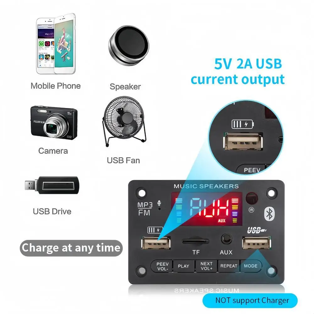 80W Amplifier MP3 WMA WAV Decoder Board USB Charging Bluetooth 5.0 Wireless Music Player 5V-20V Car FM Radio AUX Call Recording