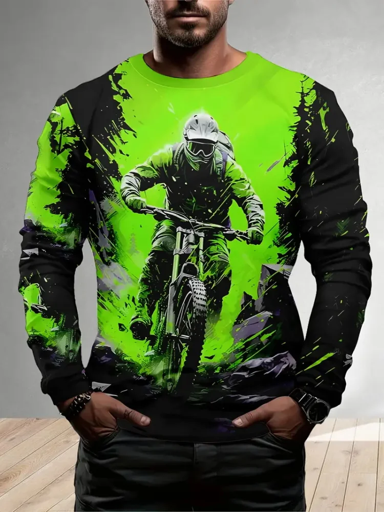 Cool motorcycle 3D printed men round neck long sleeves, urban street trend fashion men's top, casual men's T-shirt S-6XL