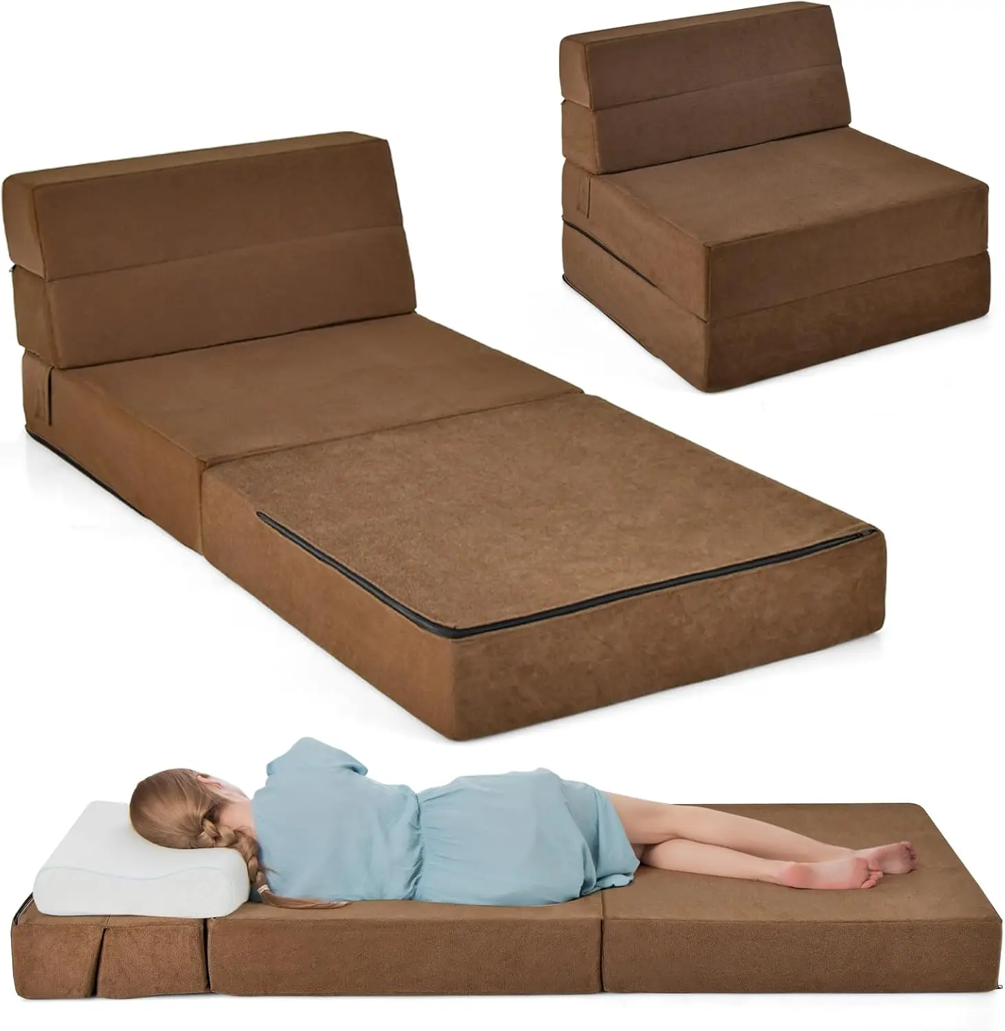 

Folding Sofa Bed Chair - 3-In-1 Convertible Couch Sleeper, Floor Futon Couch W/Removable Cover & Full Padded Foam, Fabric Guest