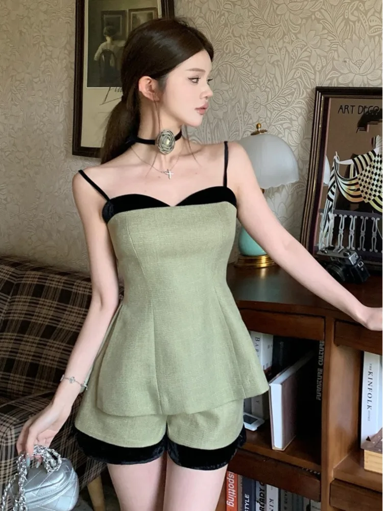 

Women Summer Korean Sexy Backless Camisole + High Waist All Match Shorts 2 Piece Suits Hotsweet Fashion Two Piece Pant Sets