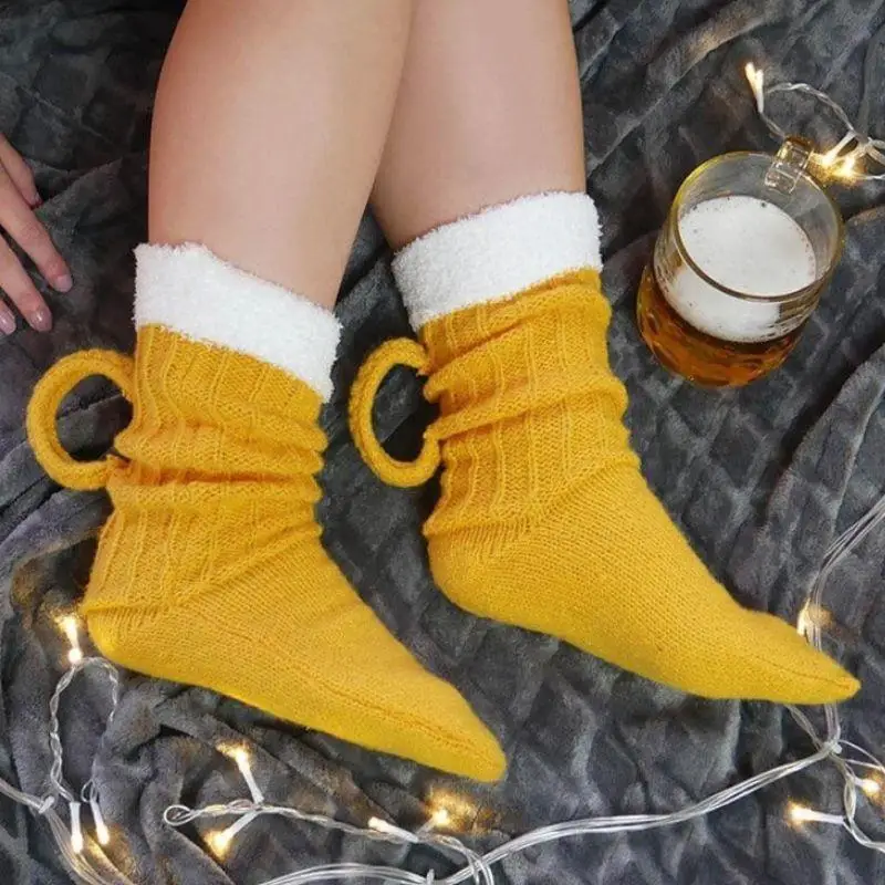 

Funny 3D Beer Mug Knitted Socks Men's Padded Warm Mid-Calf Socks Women Winter Soft Sleep Floor Socks Woolen Socks Christmas Gift