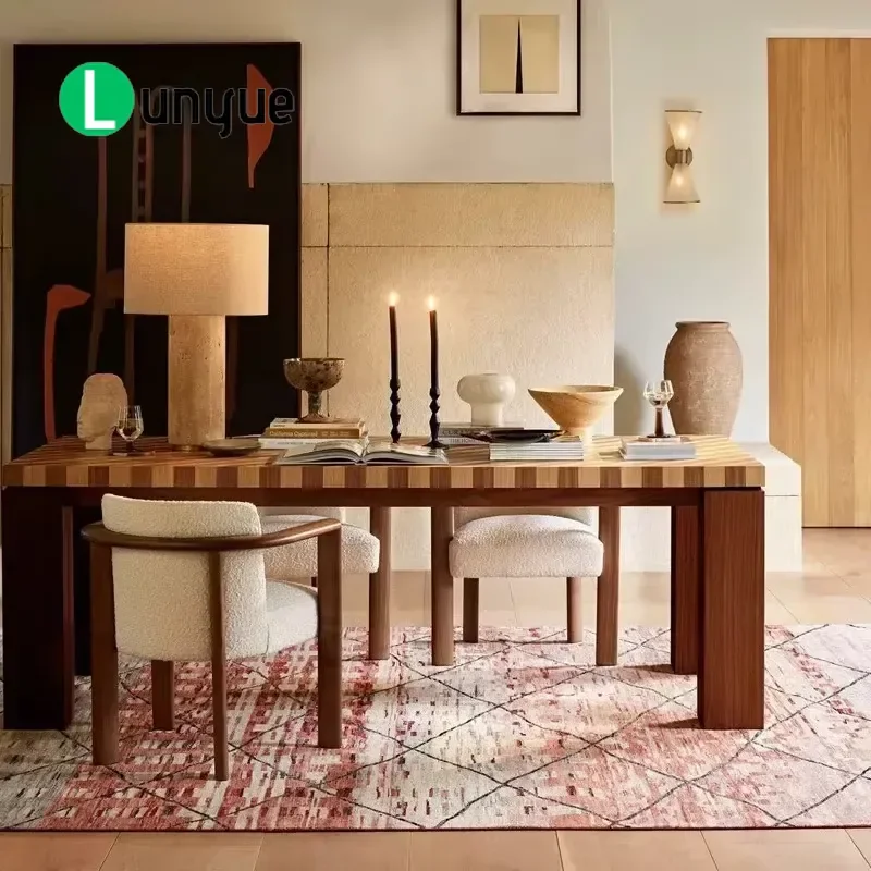 Retro Plaid Solid Wood Dining Table Rectangular Mid Century Simple Long Desk for Hotel Art Home Furniture Durable Natural