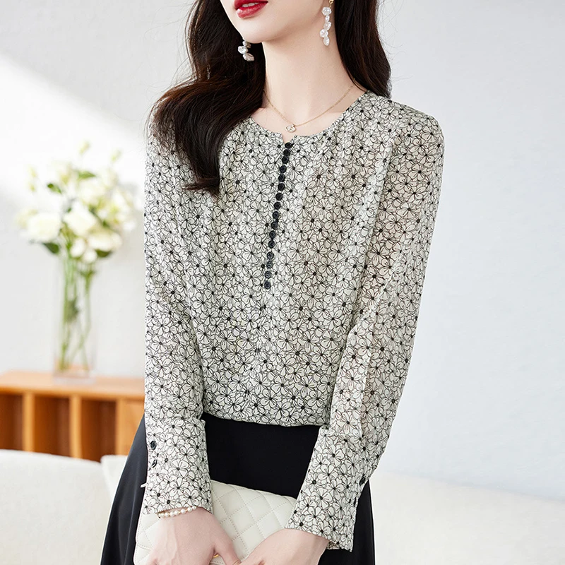 

100% Real Silk Elegant Fashion Shirts And Blouses For Women Spring Autumn Long Sleeve Woman Floral Print Shirt Loose Tops Blouse