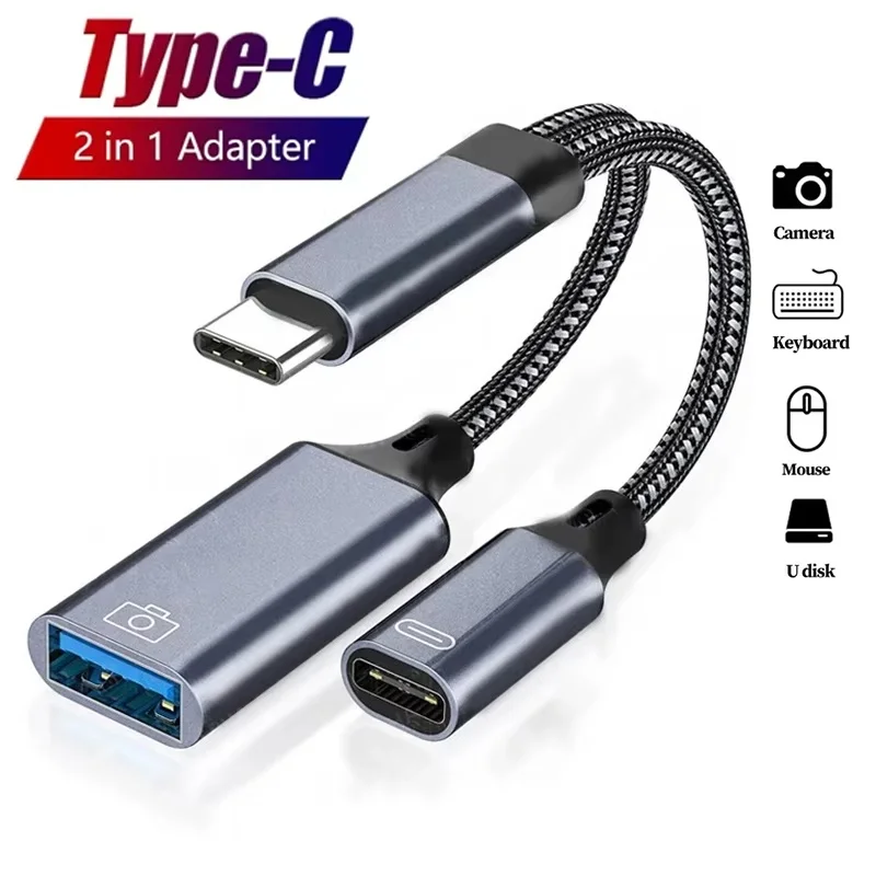 2in1 Type C to USB A OTG Cable Phone Adapter With Charging Cord USB Port for IPhone 15 16 Pro Mac iPad Huawei Laptop Accessories