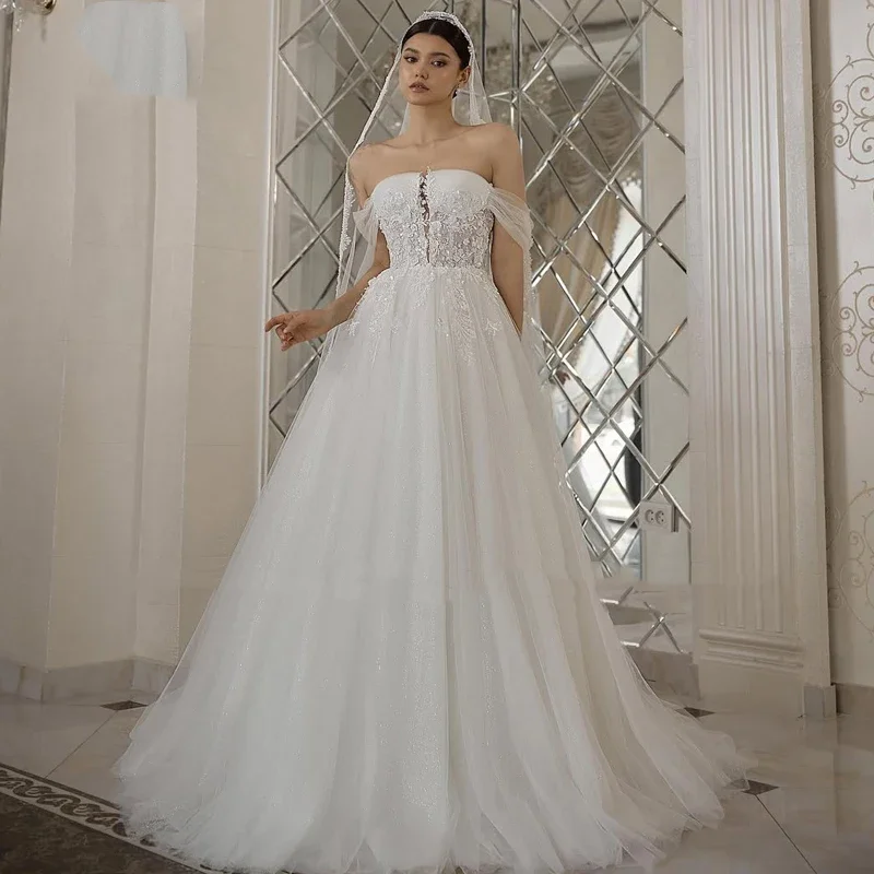 ฟลาวินเค้ก คัสตอมมีด์ปิดไหล่หรูหราผู้หญิงชุดแต่งงานแขนกุดเจ้าหญิงชุดเจ้าสาวเดรส เดอ โนเวีย