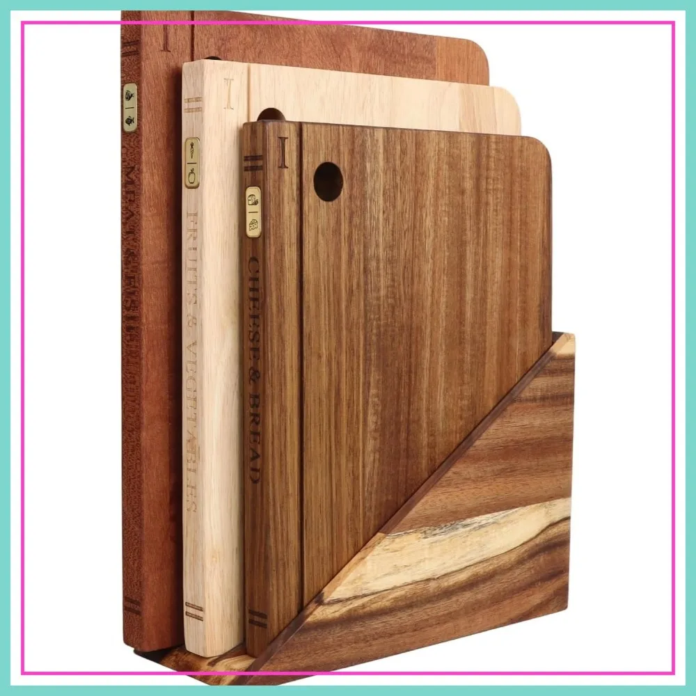 3-Piece Book Cutting Board Set with Stand, Acacia Wood, Reversible, Brass Labels