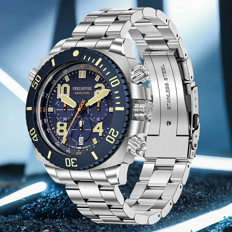 FeelNever Luxury Quartz Man Watch Fashion Casual Auto Date 316L Stainless Steel Waterproof Luminous Watches Male SEIKO-VK63 Gift view 2
