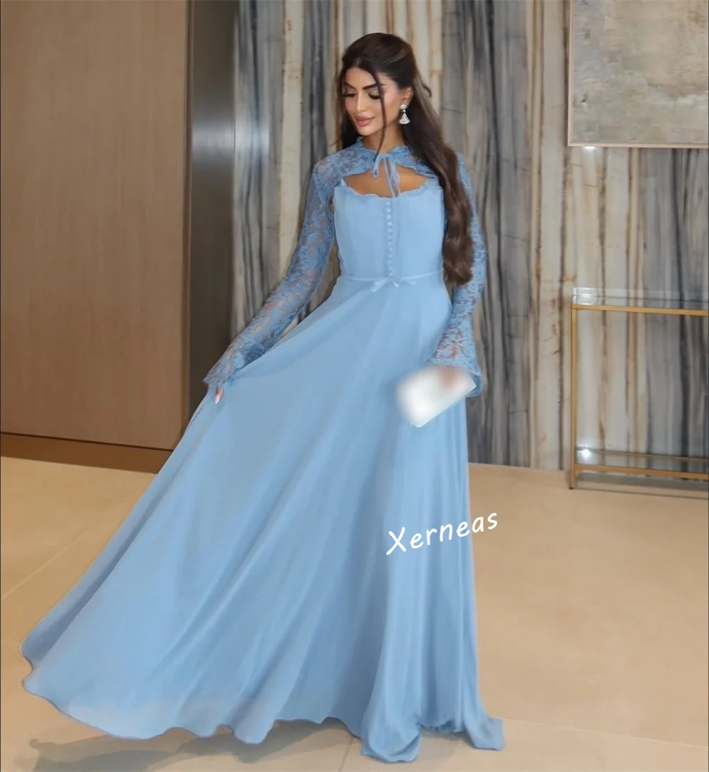 Maßgeschneiderte Chiffon-Spitzenschal mit langen Ärmeln, A-Linie, lange Kleider, maßgeschneiderter Anlass, Frau, elegante Party, Hochzeit, formeller Abend