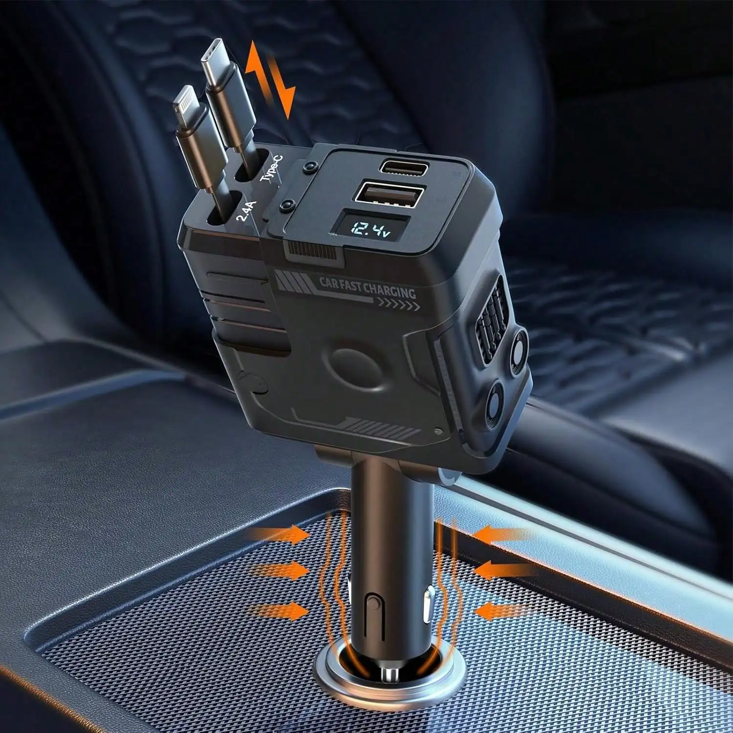 4 In 1 Retractable Car Fast Charger In Mech-Style 65W Charger Car Charger With Retractable Cablea And Multi-Port Usb C Holiday Gifts, Universal Compatibility For Ios , Galaxy & Pixel Models. Car Essential,Halloween Gift