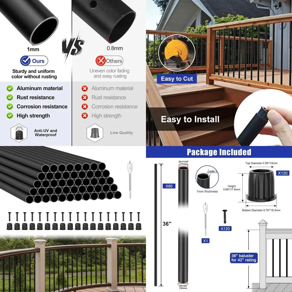 

36 Deck Balusters, 60 Pack, 3/4 Hollow Round, Black Metal Railing Spindles with Screws