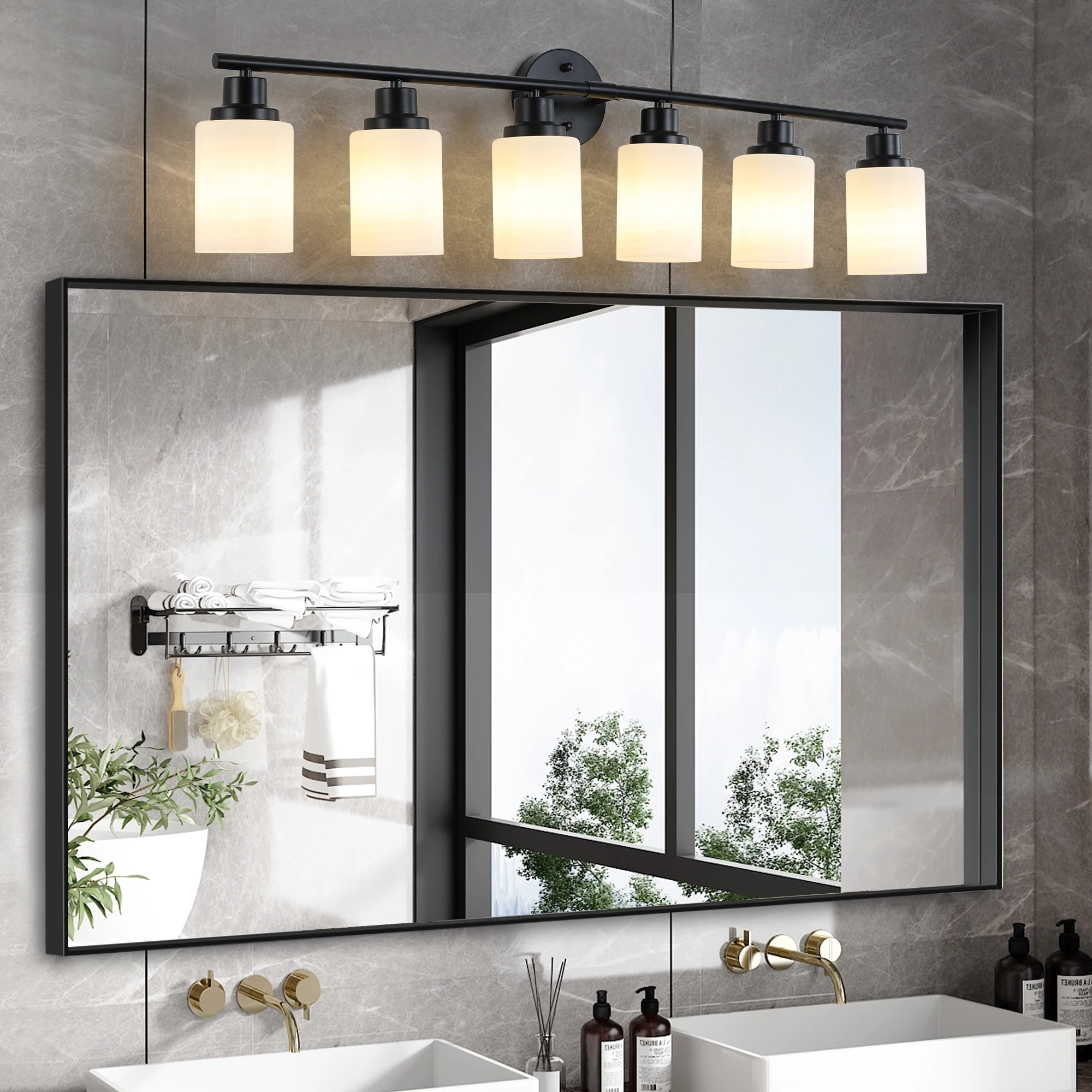 

6 Lights Bathroom Vanity Mirror Light Frosted White Glass Shade Black Iron Frame Modern Wall Sconce for Bedroom Bathroom