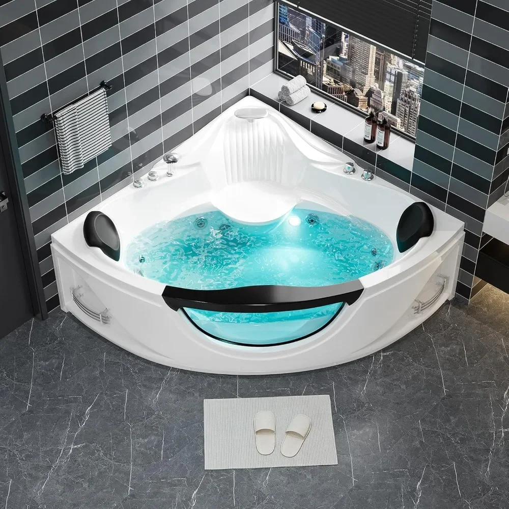 Acrylic Whirlpool Bathtub - Fan Shaped Corner Back To Wall Freestanding Whirlpool Tub, Therapy Hydro-Massage Soaking Tub With