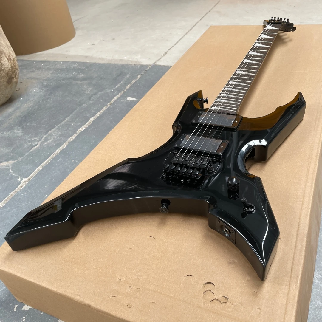 Gloss Black Unique Angular Electric Guitar, 6 String Solid Body Guitar, Double Locking Tremolo, Dual Humbucker Pickups