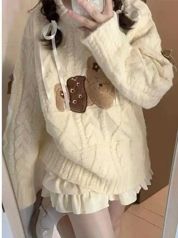 

Женский свитер с круглым вырезом, свободного кроя, осенне-зимний, с узлами, с рисунком медведя, в стиле ретро, теплый, хлопковый