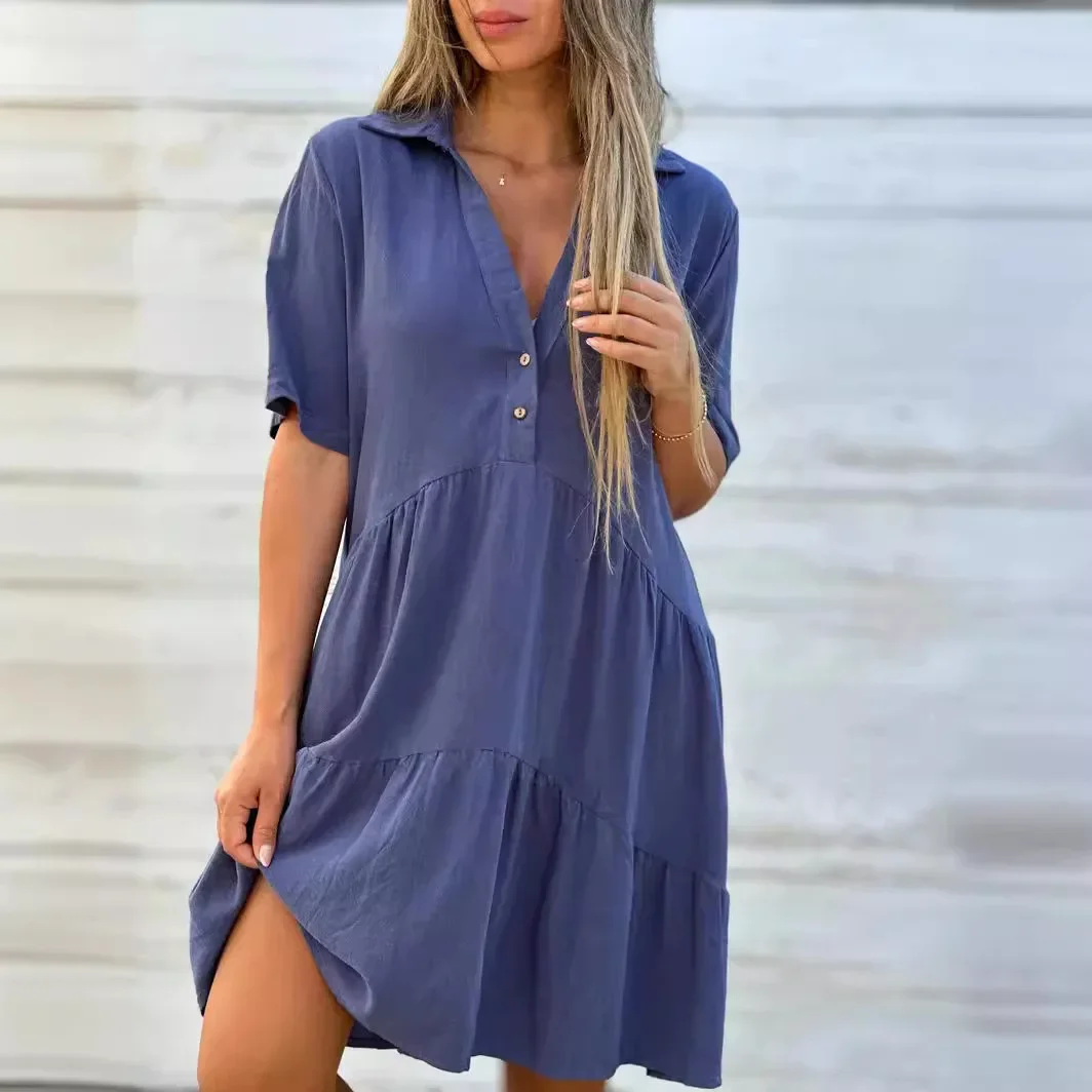 Women Solid Color Mini Dress Short Sleeve Button V Neck Loose Fashion Summer Dress