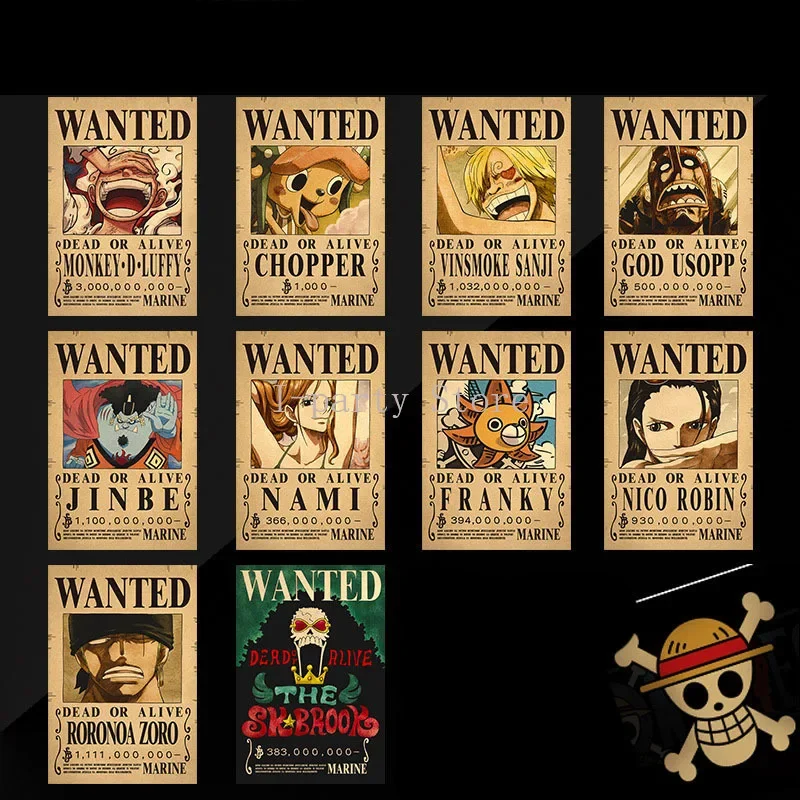 Figura de Anime Bounty One Piece, carteles de garantía de Luffy Vintage Wanted, decoración de pared para habitación de niños, pinturas, juguetes,