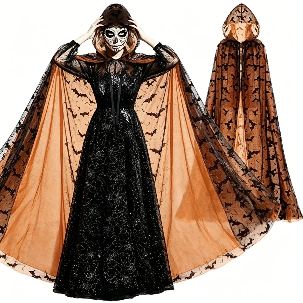 Lila Fledermaus-Langmantel mit Kapuze für Erwachsene, Unisex, Hexen-Cosplay, Tüllumhang für Halloween-Party, Fotografie, Halloween-Dekorationen – Detail 8