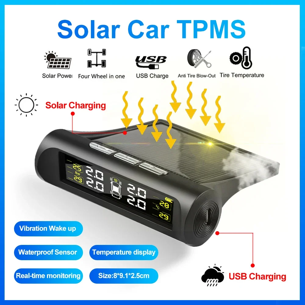 

Universal Car Tire Pressure Monitoring System Tyre Temperature Warning Monitor USB / Solar TPMS Auto Security Alarm Systems