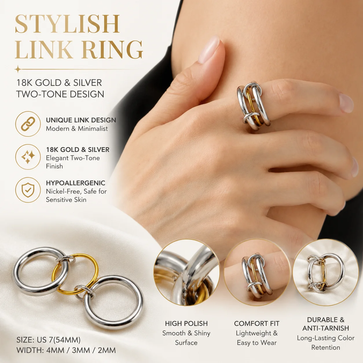 New Stainless Steel Stackable Two-Tone Linked Ring — 18K Gold-Plated Titanium Steel, Substantial & High-Gloss Finish