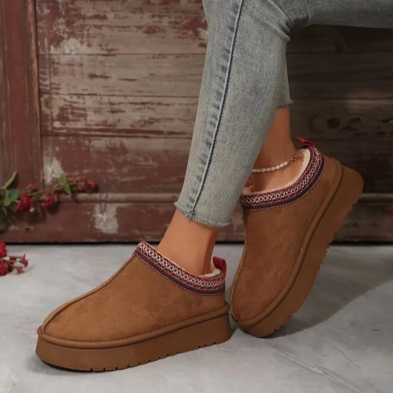 

2024 Winter Retro Women's Snow Warm Suede Leather Loafer Casual Shoes Boots Women's Flat Bottom Pumps Women's Shoes