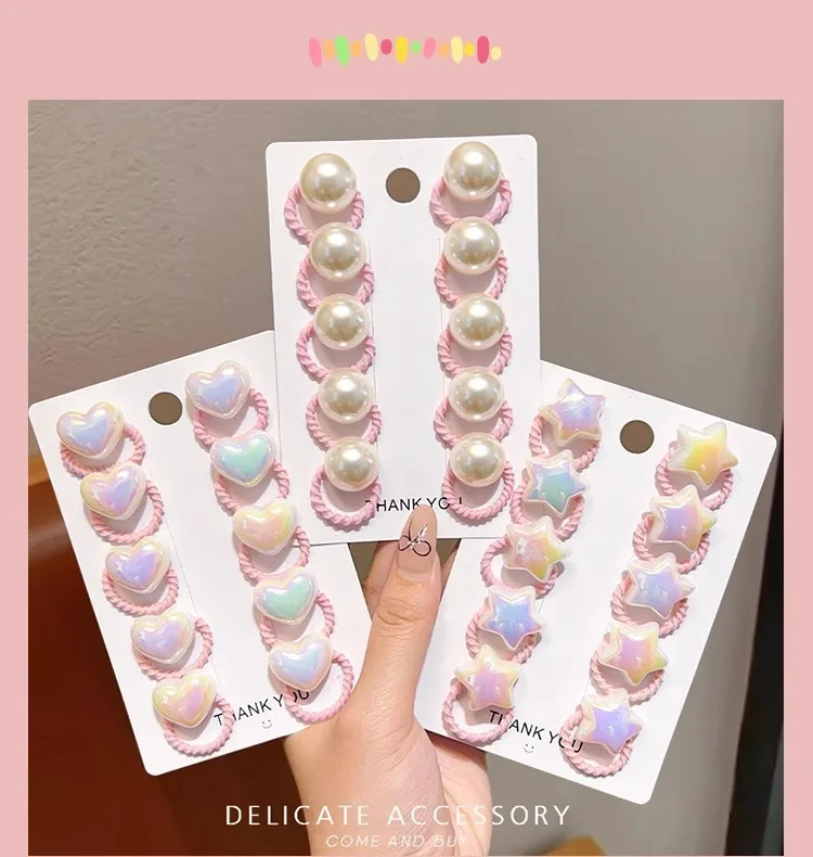 10-teiliges Set mit elastischen Haargummis für Kinder, Perlen-/Herz-/Stern-Haarbänder, schmerzfreie Pferdeschwanzhalter für Mädchen, Haarschmuck für den Alltag und Partys – Detail 3