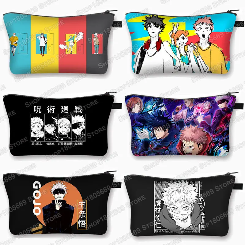 Anime japonês jujutsu kaisen saco de cosméticos gojo satoru topos yuji itadori meninas sacos de maquiagem feminino caso cosmético mini bolsa