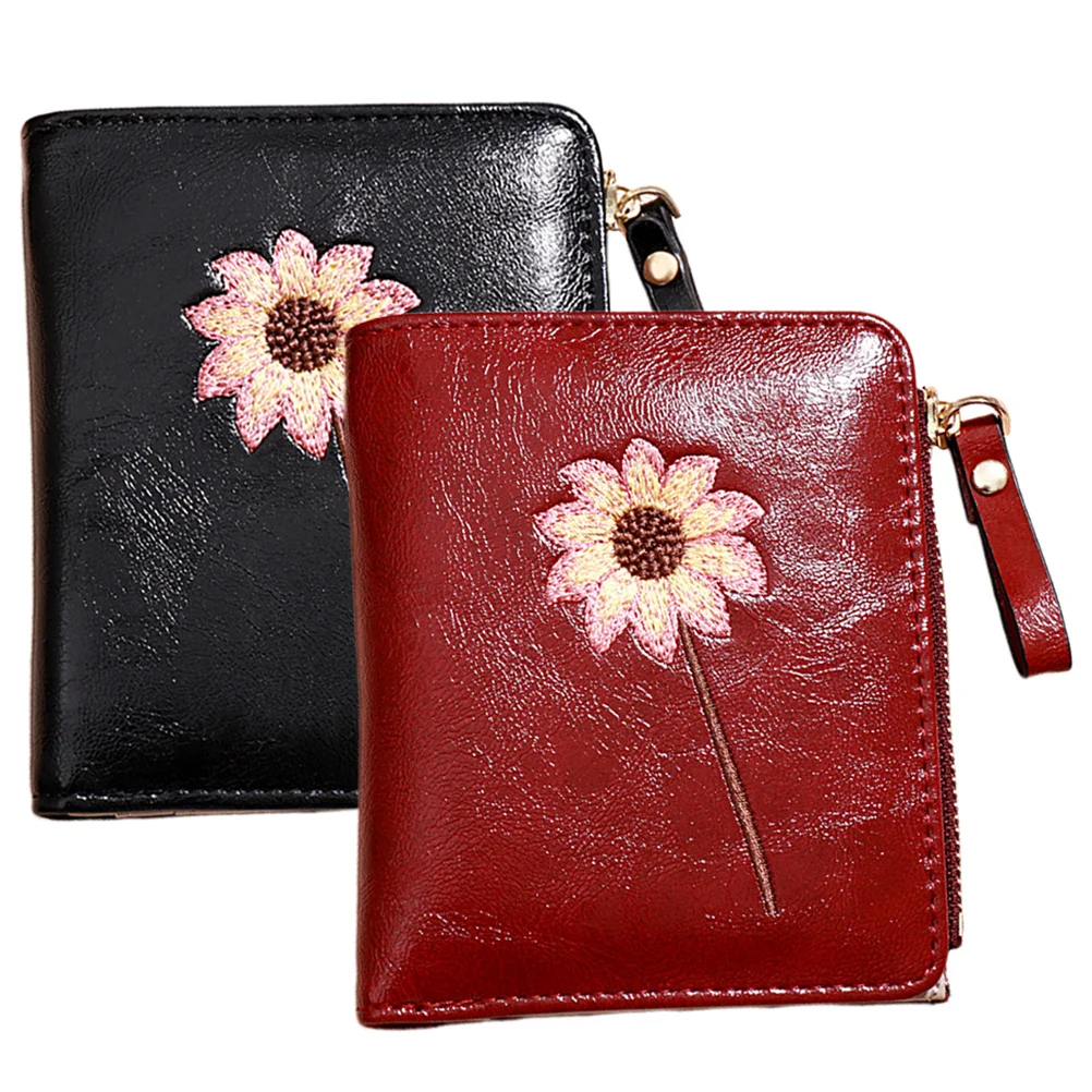 

PU Lady Wallet Flower Pattern Bifold Zipper Coin Purse Compact Card Cash Organizer Snap Button Smooth Durable Change
