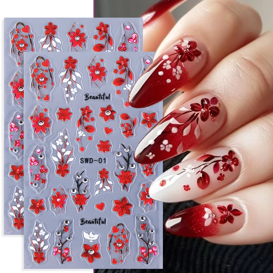 2 個エンボスフラワーネイルアートステッカーラインストーン付き赤い花びらネイルデカール自己粘着スライダーマニキュアデコレーション