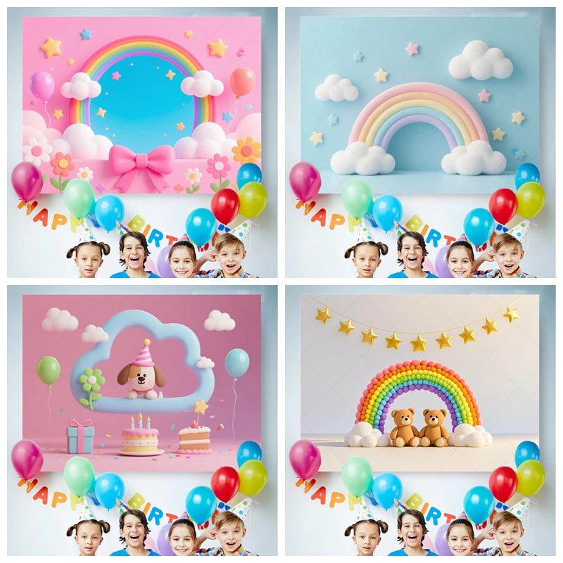

Rainbow Arch Backdrop with Cloud Balloons for Baby Shower Cake Smash Photography Boys Girls Birthday Party Photo Booth Decor​​