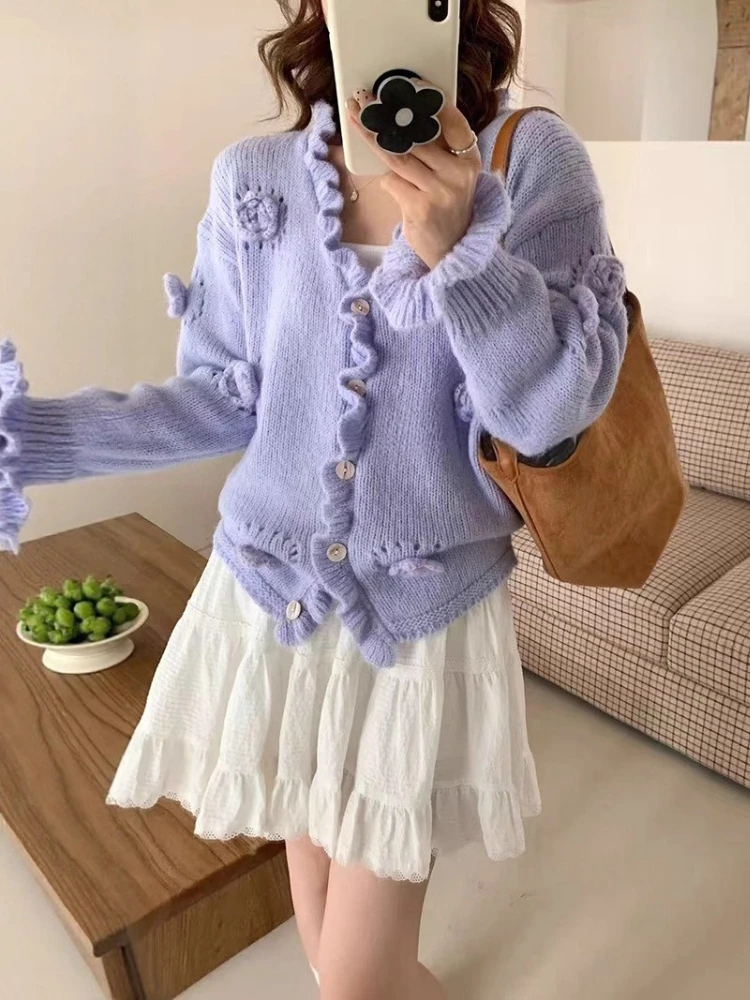 

Korobov Корейский осенний повседневный свободный вязаный кардиган с v-образным вырезом и длинными рукавами, однотонные аппликации