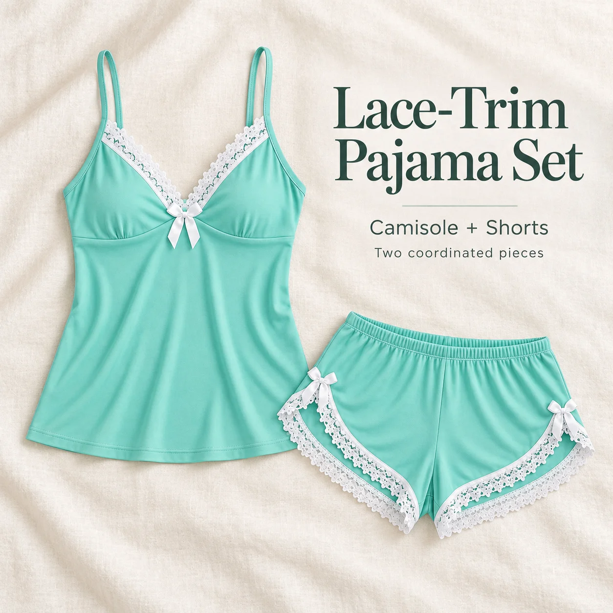 Women's Lace Trim Camisole Shorts Pajama Set, V Neck Bow Detail Sleeveless Two Piece Sleepwear in Solid and Printed Colors
