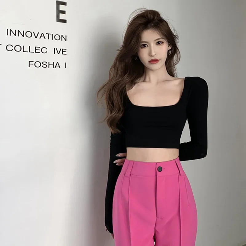 Spring Women's Crop Crop Square Neck Lace-up Short Style Backless Slim Fit Inner Wear Long Sleeves Solid Color T-Shirts