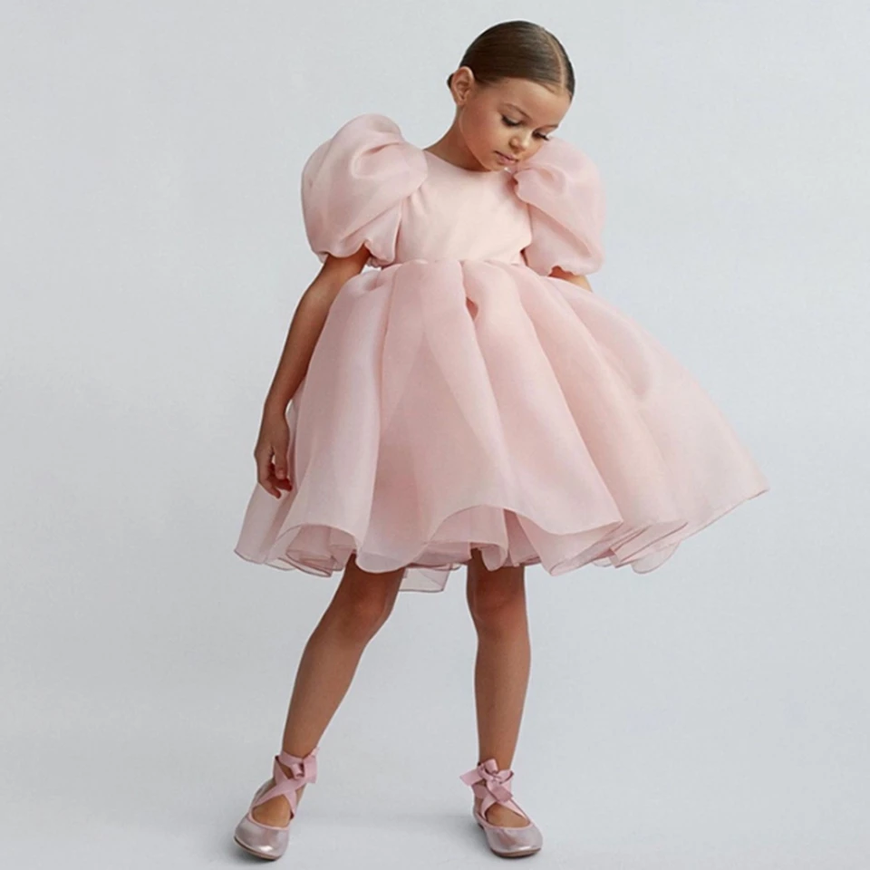 High Quality O-Neck Short Sleeves Flower Bubble Sleeve For Girl Elegant Backless Ball Gown Dresses For Wedding  Knee-Length