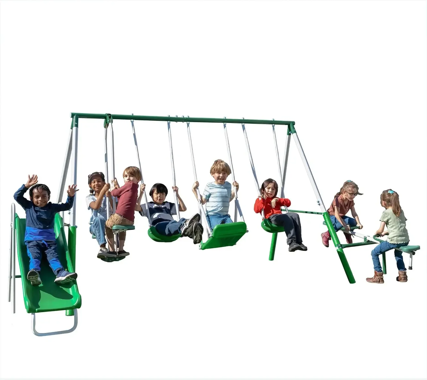 Park Ridge Metal Swing Set: 2 Swings/Standing Swing, 2 Person Roman Glider Swing, Teeter Totter and 5' Wavy Slide, E